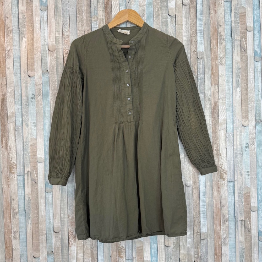Nili Lotan XS Olive 100% Cotton Pleated Pintucked Tunic Mini Dress Boho Made USA